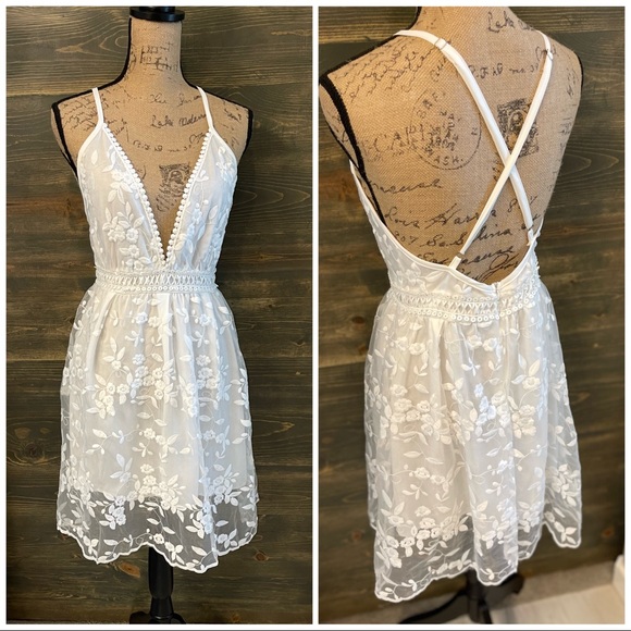 New Boho Lace Low Back Mini Spaghetti Strap Deep V Neck Summer Dress - Picture 4 of 11